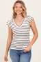 Ivory/Black Stripe Ribbed Ruffle Sleeve V-Neck Top