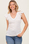 Ivory/Mocha Stripe Ribbed Ruffle Sleeve V-Neck Top