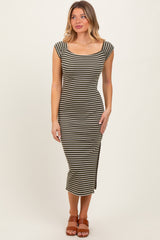 Olive Striped Off Shoulder Side Slit Midi Dress