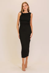 Black Textured Shoulder Detail Maternity Midi Dress
