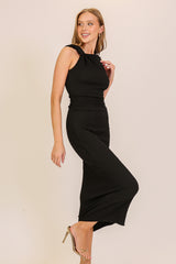 Black Textured Shoulder Detail Midi Dress