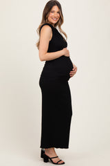 Black Textured Shoulder Detail Maternity Midi Dress