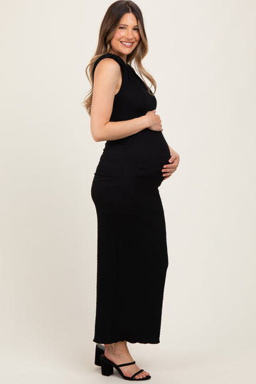 Black Textured Shoulder Detail Maternity Midi Dress