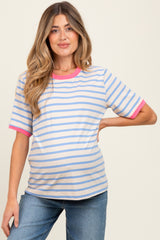 Blue Striped Contrast Trim Short Sleeve Maternity Tee