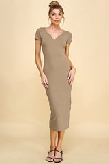 Camel Short Sleeve Side Button Ribbed Maternity Midi Dress