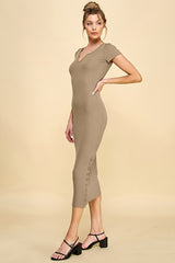 Camel Short Sleeve Side Button Ribbed Midi Dress