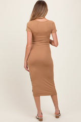 Camel Short Sleeve Side Button Ribbed Maternity Midi Dress
