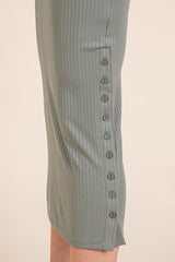 Olive Short Sleeve Side Button Ribbed Midi Dress