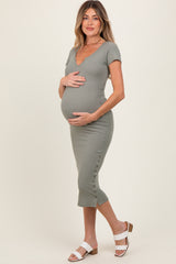 Olive Short Sleeve Side Button Ribbed Maternity Midi Dress