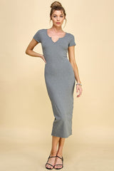 Charcoal Short Sleeve Side Button Ribbed Midi Dress