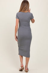 Charcoal Short Sleeve Side Button Ribbed Maternity Midi Dress