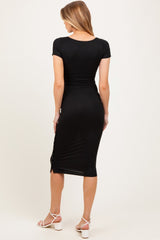 Black Short Sleeve Side Button Ribbed Maternity Midi Dress