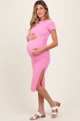 Pink Crew Neck Bubble Knit Ribbed Maternity Midi Dress