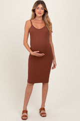 Brown Double Layer Heavy Ribbed Sleeveless Maternity Dress