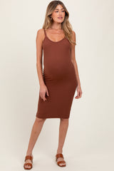 Brown Double Layer Heavy Ribbed Sleeveless Maternity Dress