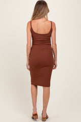 Brown Double Layer Heavy Ribbed Sleeveless Maternity Dress