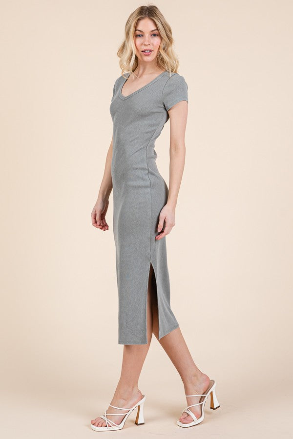 Light Olive V Neck Mineral Wash Side Slit Midi Dress