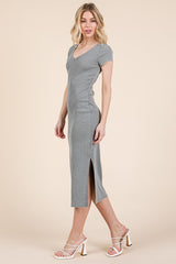 Light Olive V Neck Mineral Wash Side Slit Midi Dress