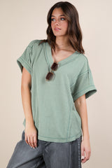 Light Olive Ribbed Raw Hem Short Sleeve Top