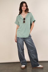 Light Olive Ribbed Raw Hem Short Sleeve Top