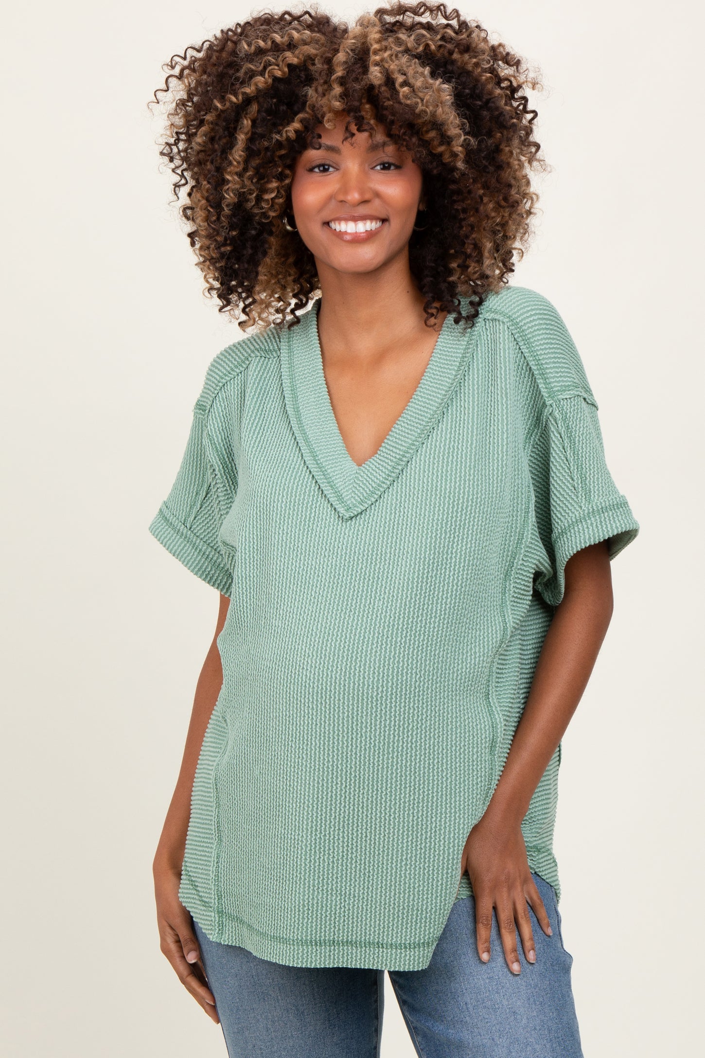Light Olive Ribbed Raw Hem Maternity Short Sleeve Top