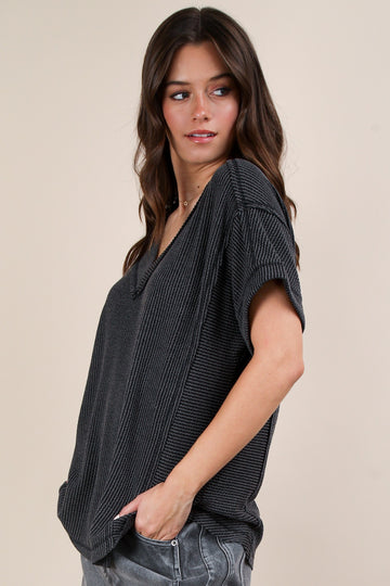 Charcoal Ribbed Raw Hem Short Sleeve Top