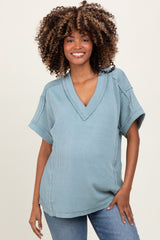 Blue Ribbed Raw Hem Maternity Short Sleeve Top