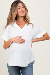 White Ribbed Raw Hem Maternity Short Sleeve Top