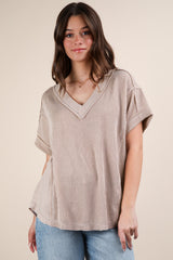 Beige Ribbed Raw Hem Maternity Short Sleeve Top