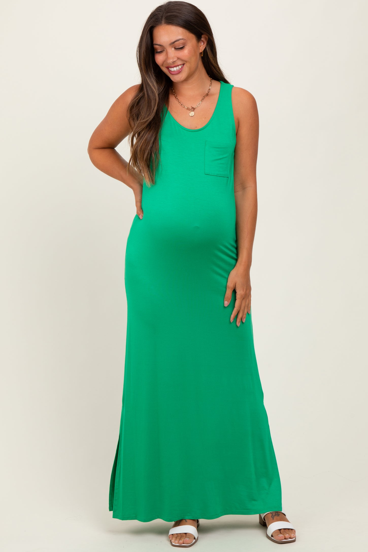 Green Basic Pocket Sleeveless Maternity Maxi Dress