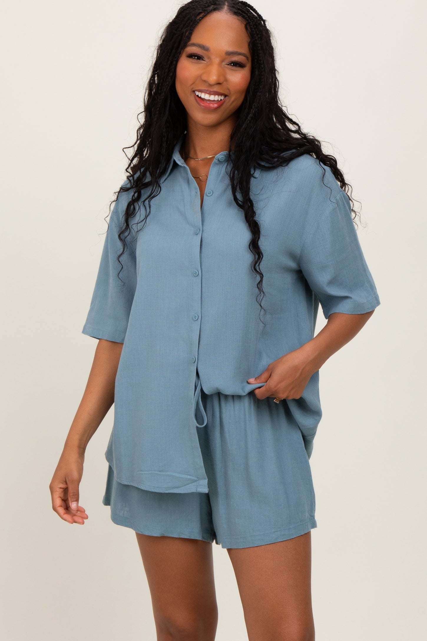 Blue Linen Blend Short Sleeve Shirt Shorts Set