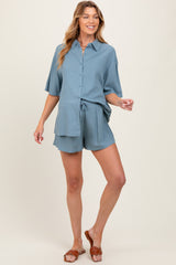 Blue Linen Blend Short Sleeve Shirt Shorts Maternity Set