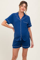 Light Navy Short Sleeve Button Down Shirt Shorts Maternity Set