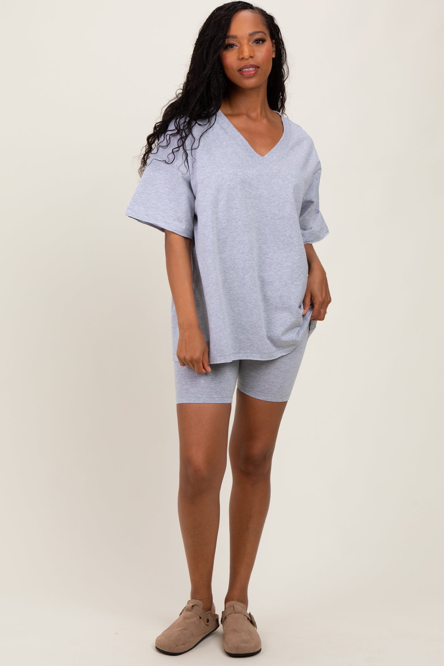 Heather Grey Oversized V-Neck Biker Short Maternity Set