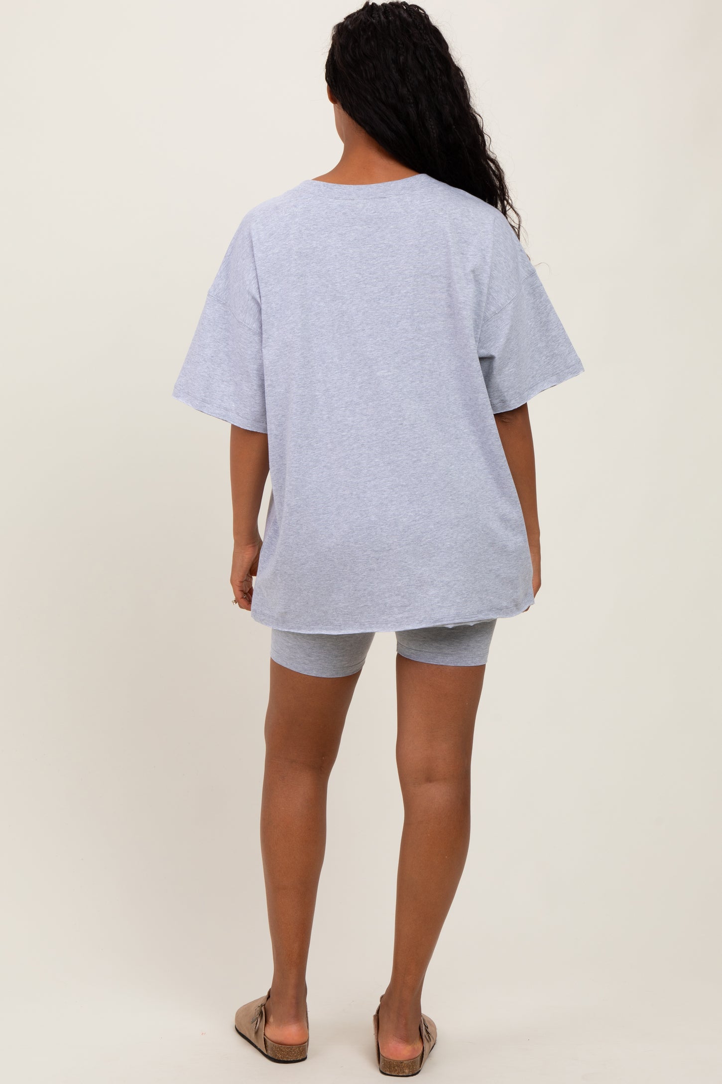 Heather Grey Oversized V-Neck Biker Short Set