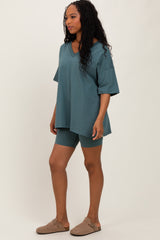 Light Olive Oversized V-Neck Biker Short Set