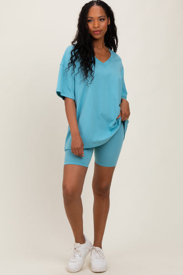 Light Blue Oversized V-Neck Biker Short Set