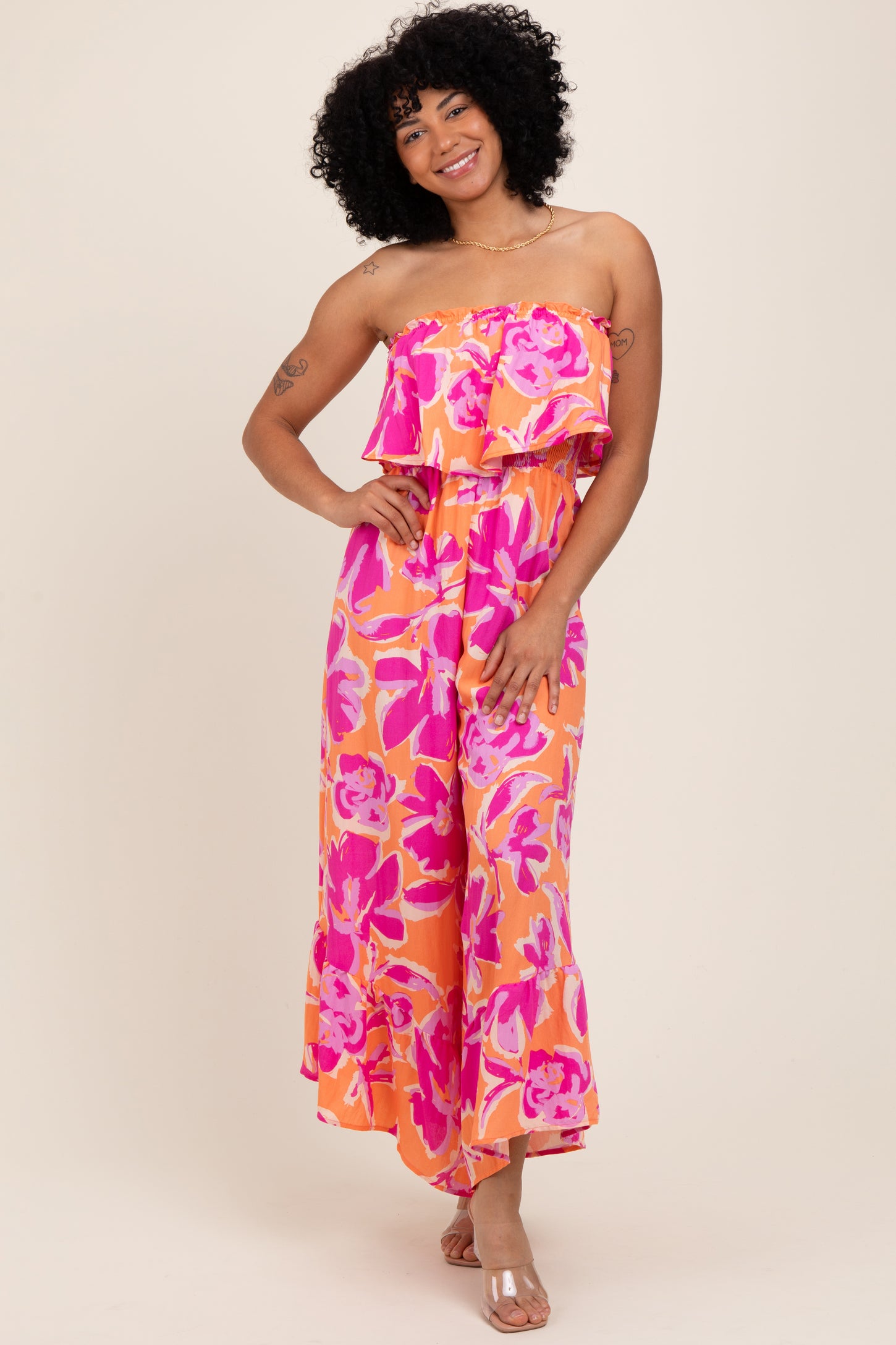 Orange Fuchsia Floral Strapless Ruffle Wide Leg Maternity Jumpsuit