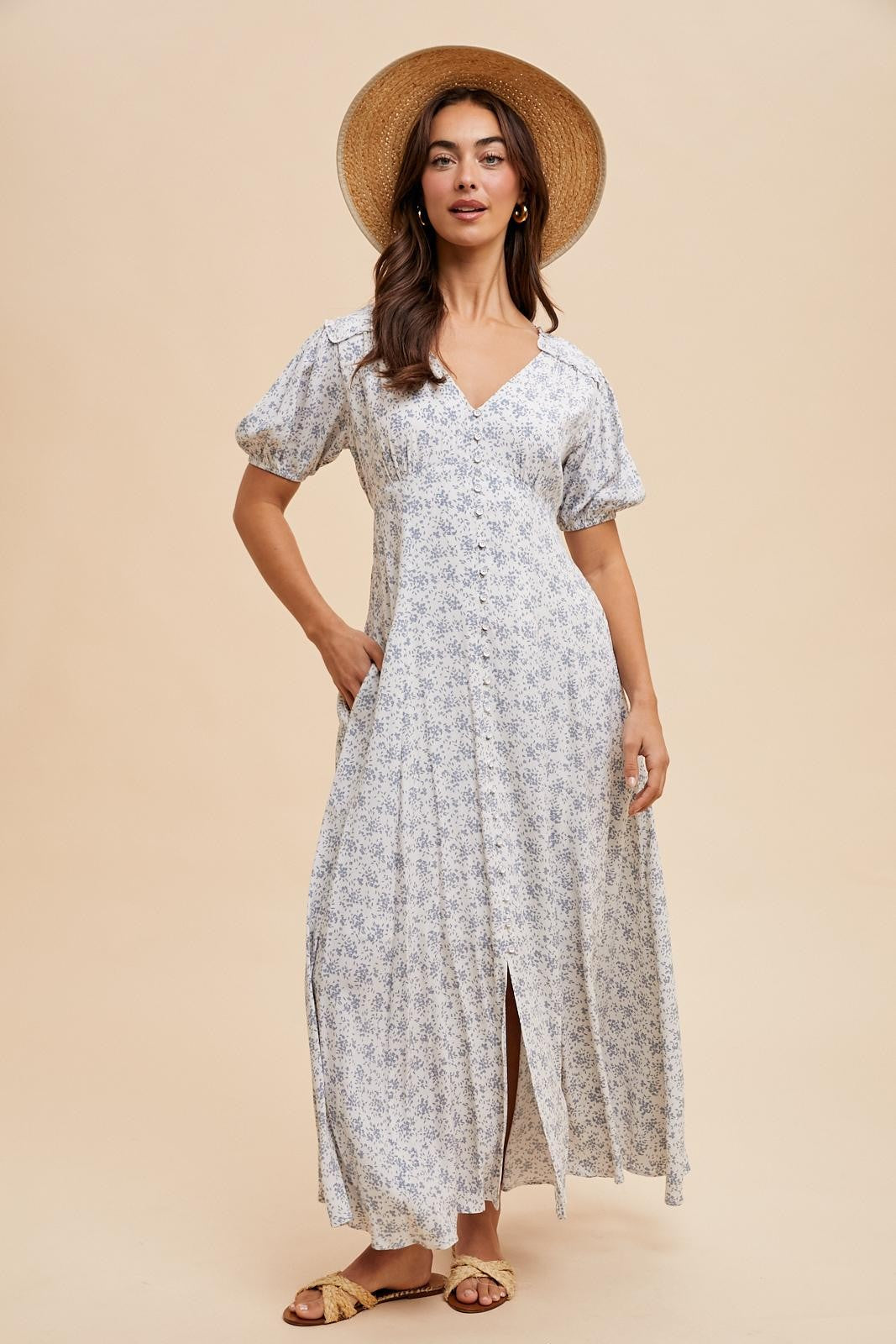 Light Blue Floral Button Down Maternity Dress