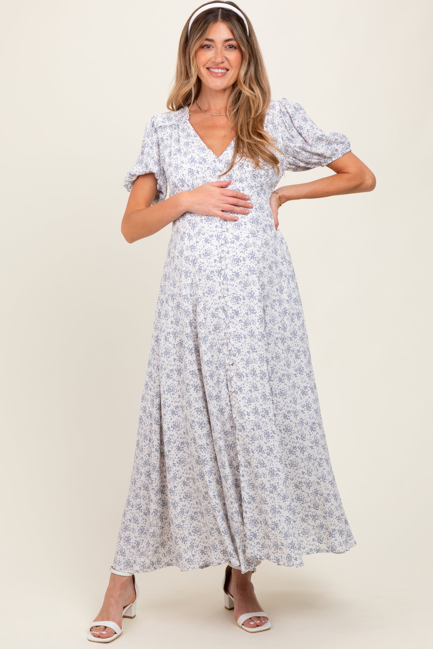 Light Blue Floral Button Down Maternity Dress
