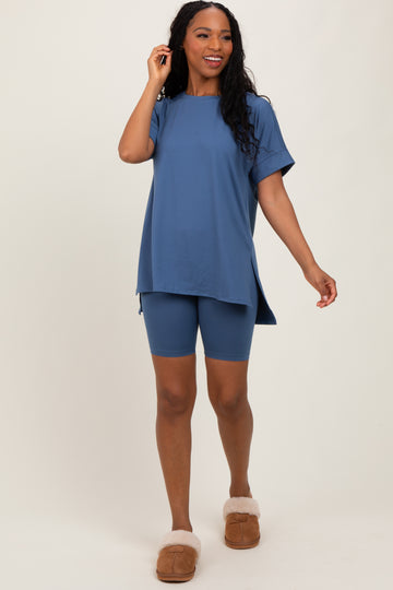 Blue Hi-Low Short Sleeve Tee Biker Short Set
