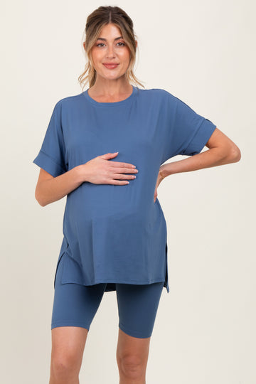 Blue Hi-Low Short Sleeve Tee Biker Short Maternity Set