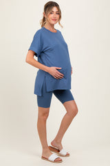 Blue Hi-Low Short Sleeve Tee Biker Short Maternity Set