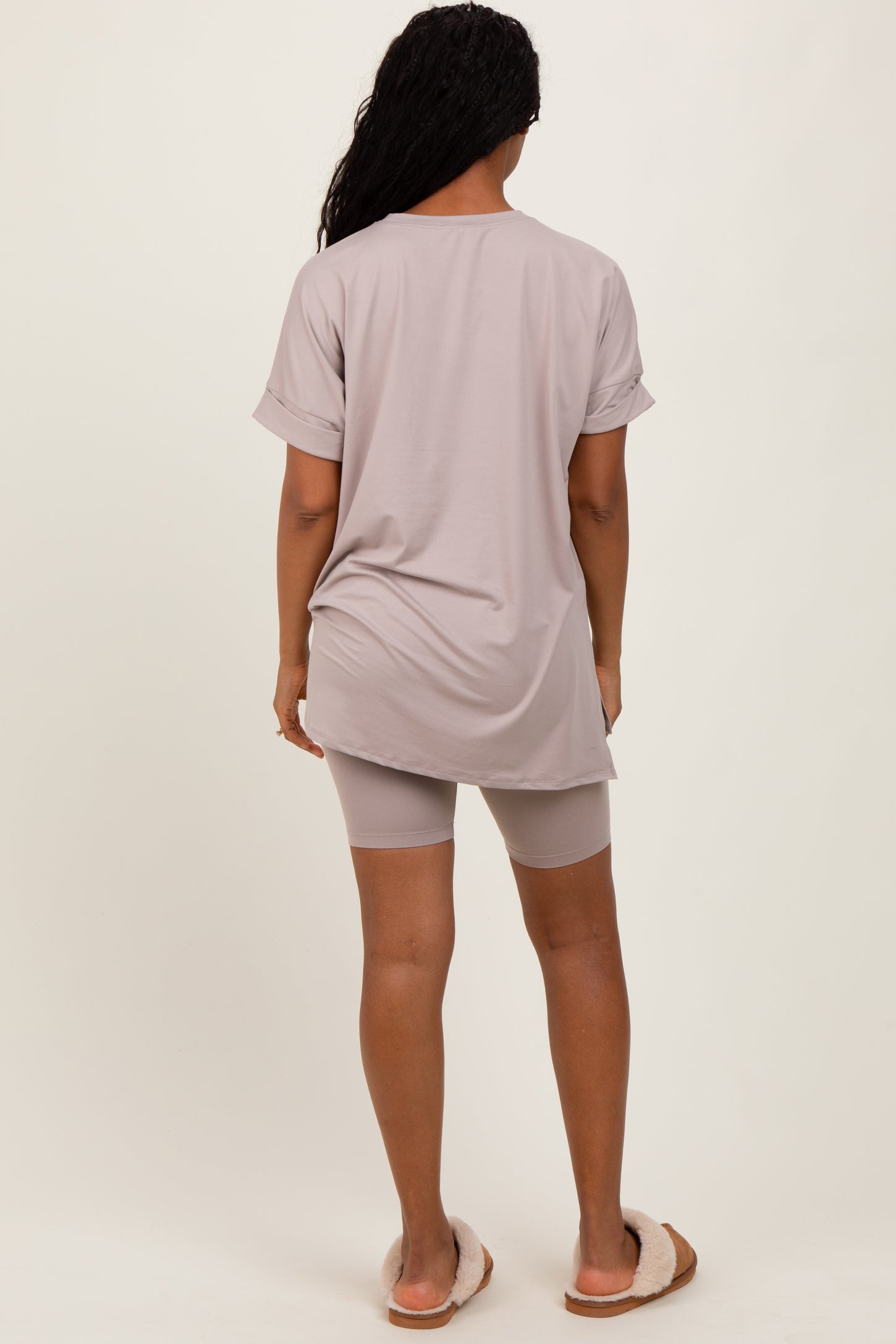 Beige Hi-Low Short Sleeve Tee Biker Short Set