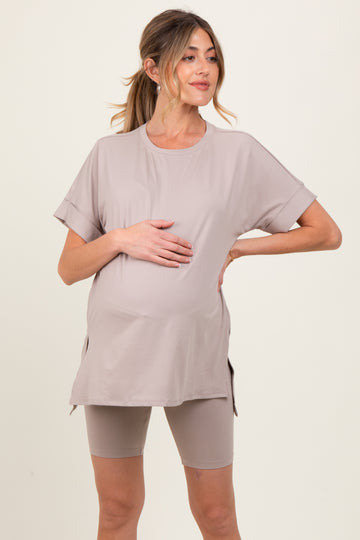Beige Hi-Low Short Sleeve Tee Biker Short Maternity Set