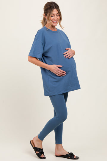 Blue Oversized Crewneck Short Sleeve and Legging Maternity Set