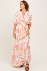 Pink Floral Printed Elbow Sleeve V-Neck Tiered Maternity Maxi Dress