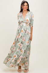 Sage Floral Print Elbow Sleeve V-Neck Tiered Maxi Dress