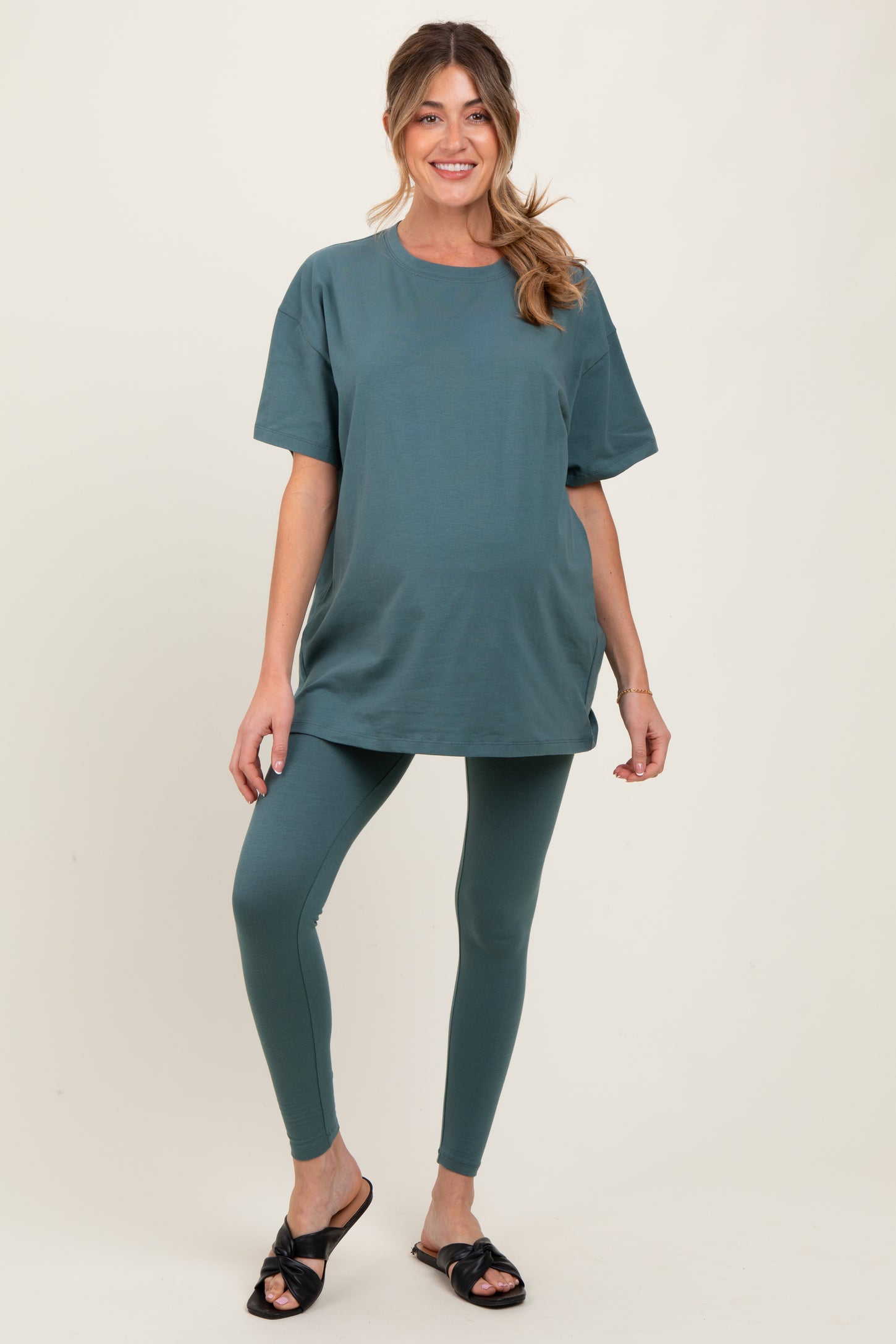 Light Olive Oversized Crewneck Short Sleeve and Legging Maternity Set