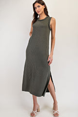 Olive Ribbed Sleeveless Side Slit Maternity Midi Dress